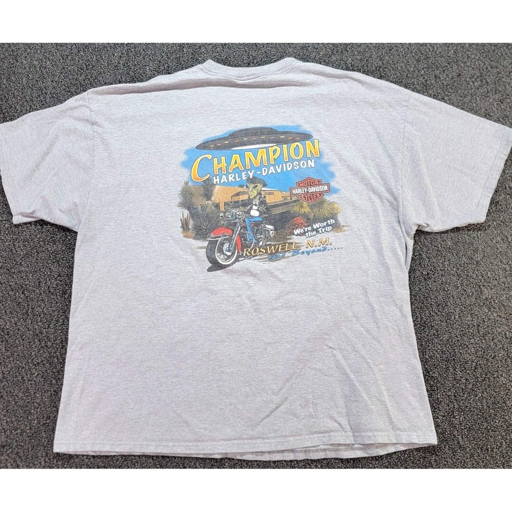 Harley Davidson T-Shirt 3XL Roswell Alien Flaming Skull Cotton Gray VTG 90s